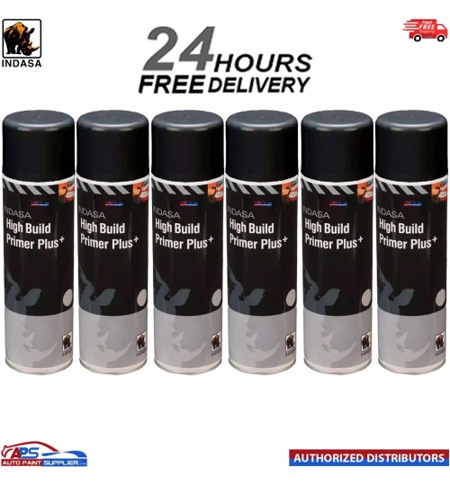 6x INDASA HIGH BUILD PRIMER+ AEROSOL BLACK SPRAY PAINT 500ML